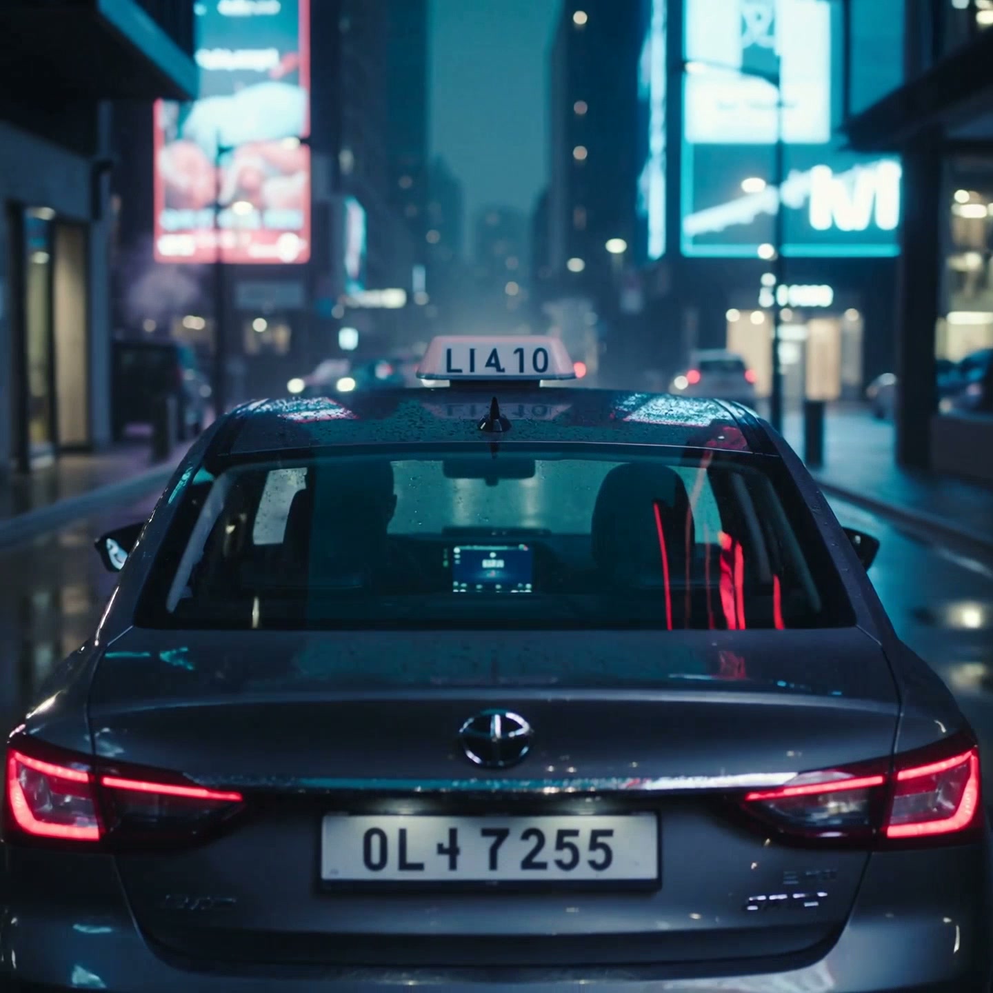 A lone taxi drives through a futuristic neon city in heavy rain, holographic signs flicker, raindrops slide down the windshield, the driver’s face lit by blue and pink reflections, cinematic lighting, atmospheric mood, shallow depth of field, camera tracking from behind the car.